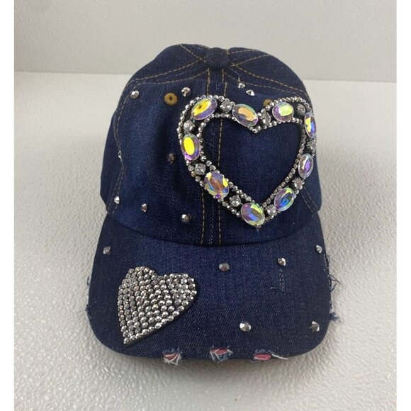 Woman Denim Sparkle Hat Rhinestone Heart Bling Embellished Adjustable Frayed Cap - Picture 13 of 13